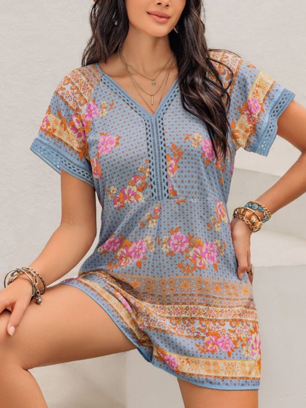 Floral Printed V-Neck Short Sleeve Romper